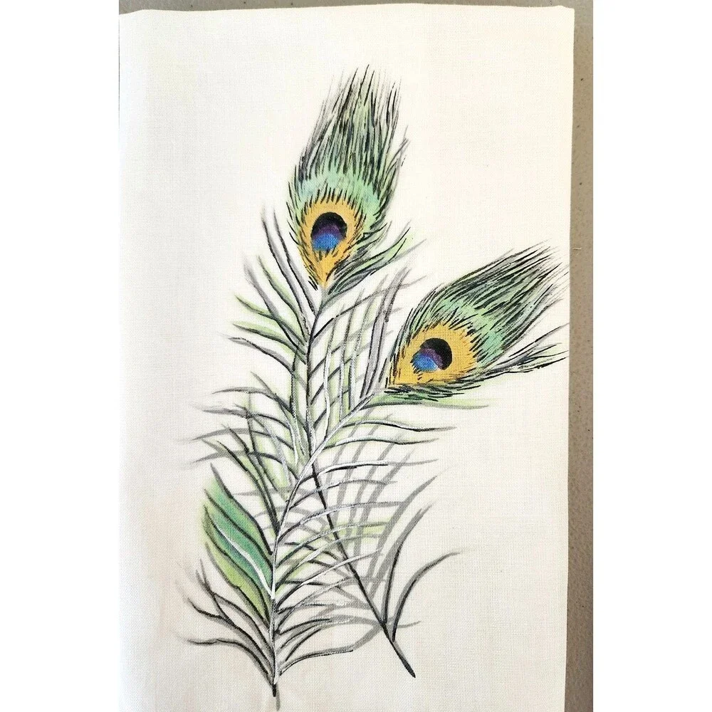2 VTG Guest Fingertip Tea Towels Hand Painted Peacock Feathers Cottagecore #02